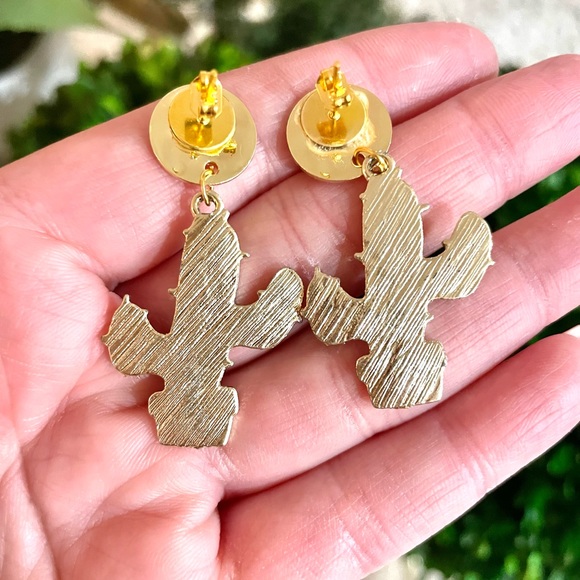 Gold Cactus Dangle Earrings - Picture 4 of 4